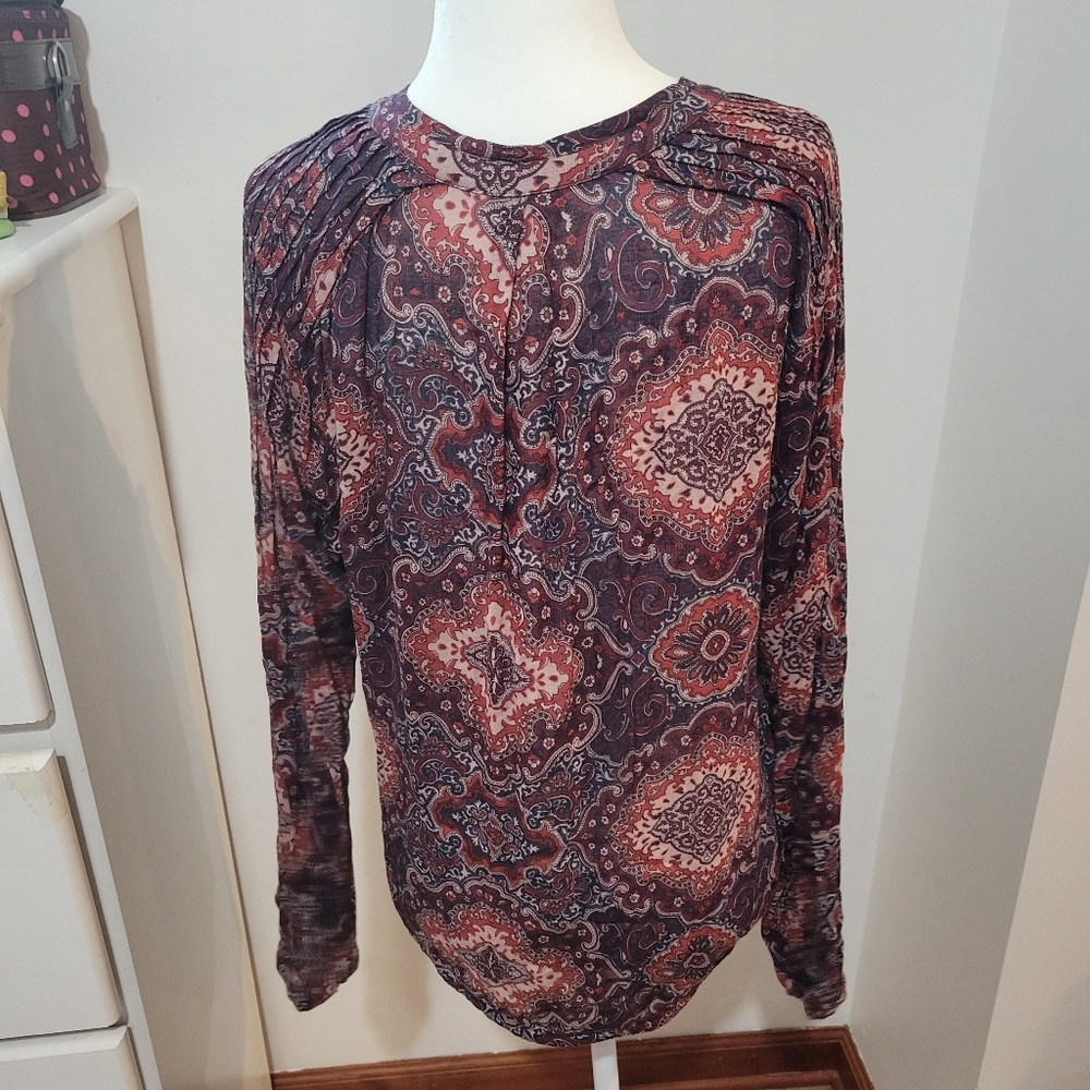 Lucky Brand Paisley Floral Boho Print Multicolored Long Sleeve Blouse | M - Picture 6 of 9